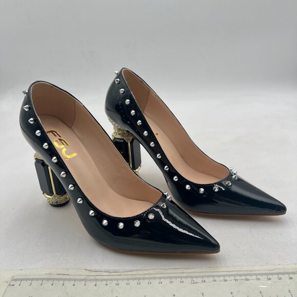 FSJ Black Bridal Pointed Toe High Heel Crystal Pumps Slip on Wedding Shoes - Picture 4 of 8